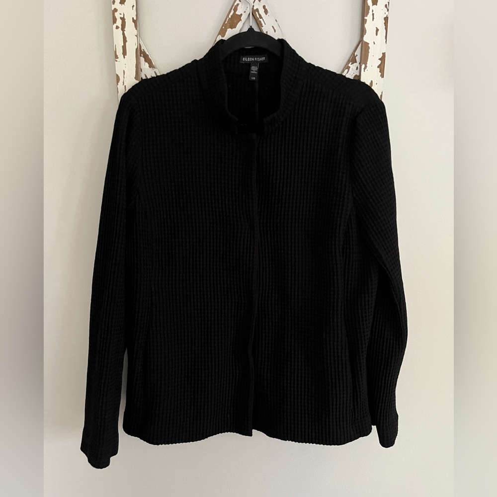 Eileen Fisher Waffle Texture Jacket Black Button Down EUC